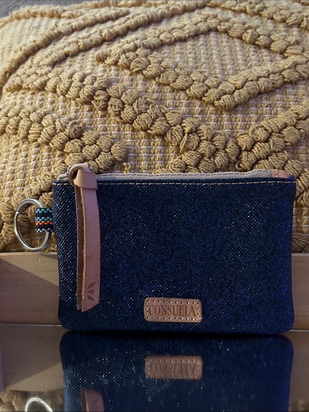 Consuela Navy Glitter Zip Pouch with Tan Leather Trim